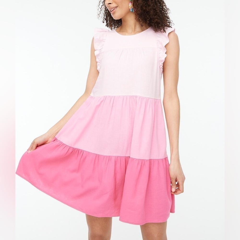 J. Crew Linen mini dress Ruffle cap Sleeve Tiered a-line plus size curve pockets